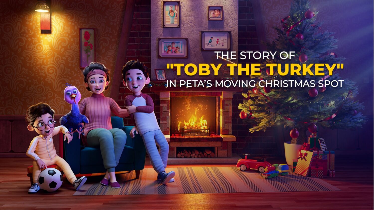 Feature image of the family who have saved Toby the Turkey in PETA Christmas Spot