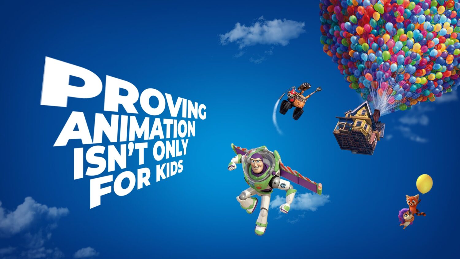 Image of UP's house of balloons, Buzz Lightyear, Wall-E, and Dream Farm Studios' characters for a blog cover
